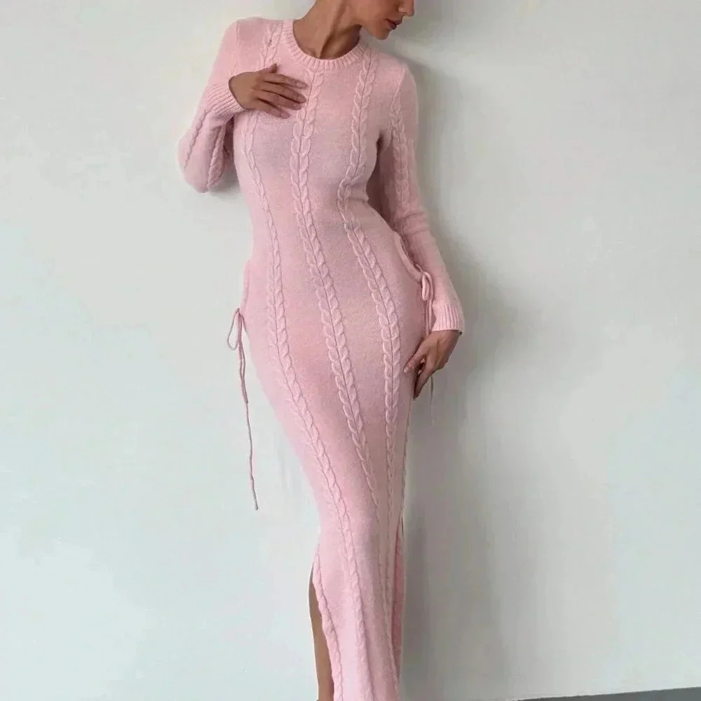 Pink Elegant Women's Warm Cinched Waist Knitted Dress
